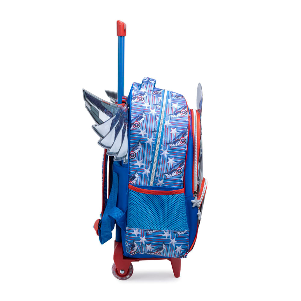 Kit Mochila Infantil de Carrinho + Lancheira Térmica + Estojo Capitão América com Asas Removíveis