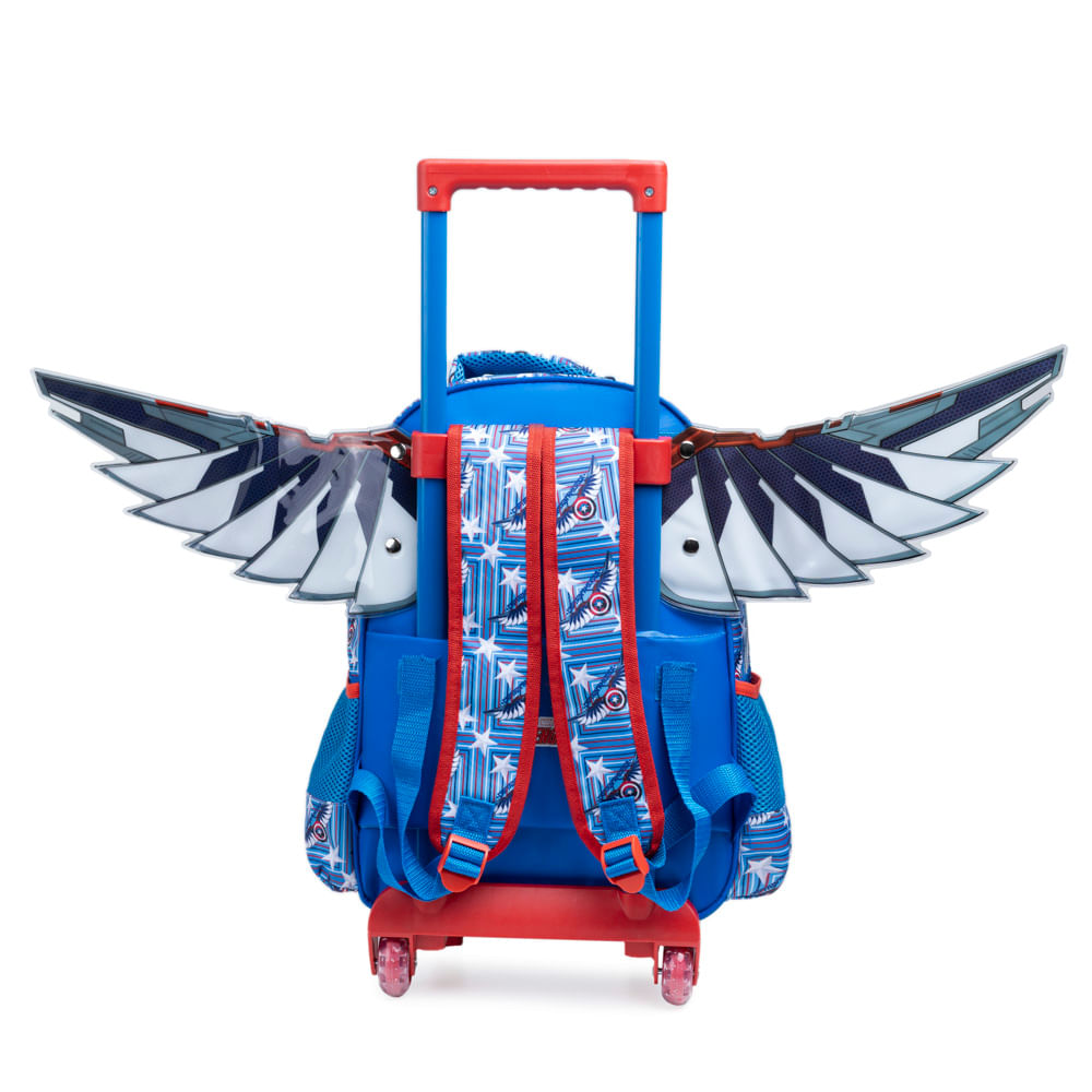 Kit Mochila Infantil de Carrinho + Lancheira Térmica + Estojo Capitão América com Asas Removíveis